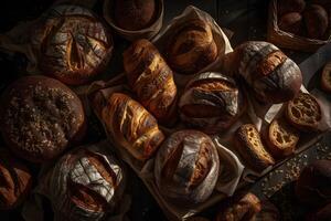 Many mixed breads and rolls shot from above. Neural network photo