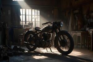 Old vintage motorcycle in the garage. Neural network photo