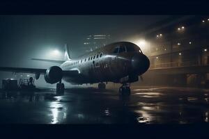 avión a el aeropuerto a noche en el lluvia. neural red ai generado foto