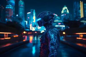 Cyber man in the neon city of the future. Neural network photo