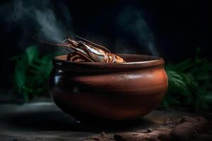 Delicious boiled crayfishes on black table, closeup. Neural network photo