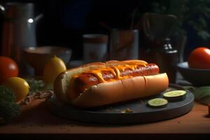 Big hotdog with sausage tomatoes, mustard and salad isolated on black background. Top view. Neural network photo