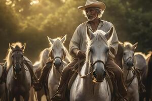 retrato mayor hombre en vaquero sombrero lado de caballo montando en montaña camino. neural red ai generado foto