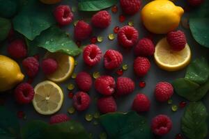 Background with raspberry, lemon and mint. Neural network photo