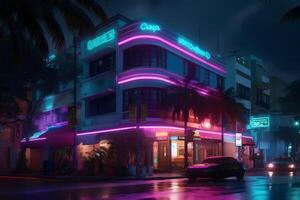 neón ciudad sintetizador retrowave estilo. neural red ai generado foto