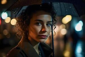 retrato de un niña con un paraguas en el lluvia. neural red ai generado foto