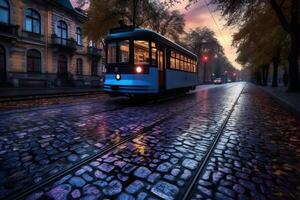 Retro tram in european city. Neural network photo