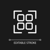 Scanning qr code pixel perfect white linear ui icon for dark theme. Get info from e-store. Vector line pictogram. Isolated user interface symbol for night mode. Editable stroke