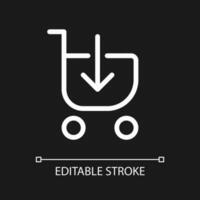 Loading shopping cart pixel perfect white linear ui icon for dark theme. Put product in trolley. Vector line pictogram. Isolated user interface symbol for night mode. Editable stroke