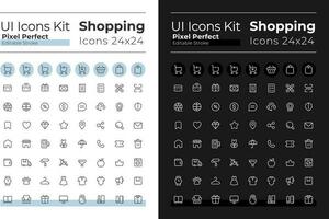 Shopping pixel perfect linear ui icons set for dark, light mode. Retail shop. Outline isolated user interface elements for night, day themes. Editable stroke vector