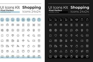 Shopping pixel perfect linear ui icons set for dark, light mode. Retail shop. Outline isolated user interface elements for night, day themes. Editable stroke vector