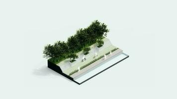 ambiente isométrica parque naturaleza. isométrica ambiental sostenible paisaje bosque con personas descansar, 3d hacer animación. ambiente con árbol, césped hoja, río, sendero en blanco aislado. video