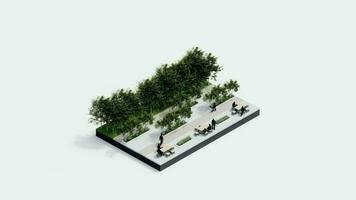 environment isometric park nature. isometric environmental sustainable landscape forest with people rest, 3d render animation. environment with tree, grass leaf, river, footpath on white isolated. video