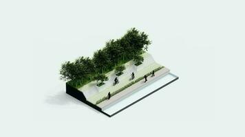 environment isometric park nature. isometric environmental sustainable landscape forest with people rest, 3d render animation. environment with tree, grass leaf, river, footpath on white isolated. video