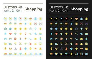 Shopping flat color ui icons set for dark, light mode. Digital commerce. Online store. Retail shop. GUI, UX design for mobile app. Vector isolated RGB pictograms