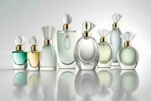 Different luxury perfume bottles on white background. Neural network generated art photo