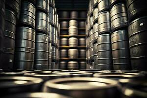 Stacks of beer barrels in brewery manufacturing warehouse. Neural network generated art photo