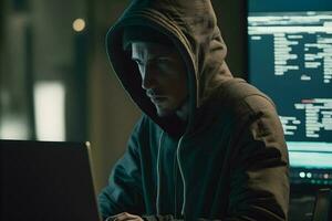 peligroso encapuchado hacker rompe dentro gobierno datos servidores y infecta su sistema con un virus. neural red generado Arte foto