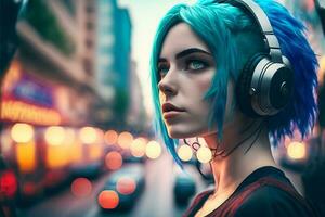 Portrait of young girl with blue hair listening music with headphones on city street. Neural network generated art photo