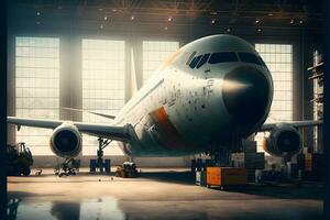 Big passenger aircraft on maintenace in airport hangar. Neural network generated art photo