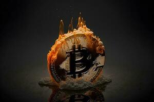 Burning bitcoin on fire flame on black background. Neural network generated art photo