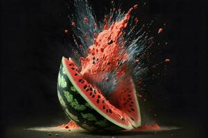 A ripe watermelon falls to the floor and smashes to pieces. Neural network generated art photo