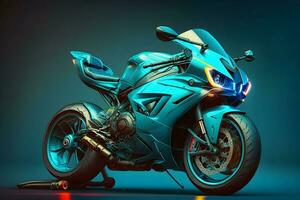 Futuristic custom angled light motorcycle concept with glowing blue tones. Neural network generated art photo