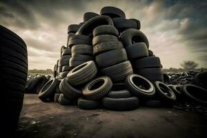 Big pile of used old car tires for recycling. Neural network generated art photo