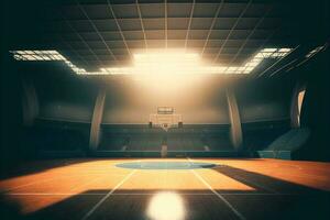 Interior view of an illuminated basketball stadium for a game. Neural network generated art photo