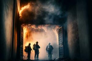 bomberos personal luchando fuego accidente a Noche. neural red generado Arte foto