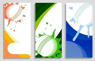 Cricket ball hit the wall with splashes. Set of vertical flyers. Templates for sport invitation, banners, brochures. Sport equipment. Vector