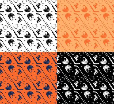 set of seamless patterns with clubs, helmets, ice hockey pucks and laurel wreaths. Ornament for decoration and printing on fabric. Design element. Vector