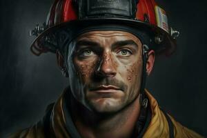 Portrait of firefighter dirty face in special helmet and firefighters uniform. Neural network generated art photo