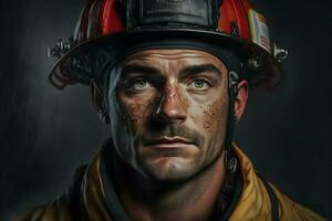 retrato de bombero sucio cara en especial casco y bomberos uniforme. neural red generado Arte foto