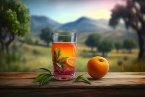 Glass of abstract fruit juice with fresh fruits on wooden table with summer field background. Neural network generated art photo