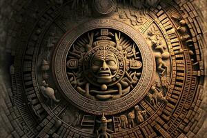 Close view of the ancient Aztec mayan calendar with round pattern and relief on stone surface. Neural network generated art photo