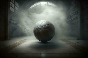 baloncesto en Corte piso cerca arriba con borroso arena en antecedentes. neural red generado Arte foto