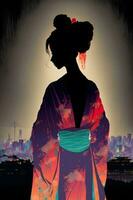Japanese kitsune woman wearing a kimono looking to oriental city. Neural network generated art photo