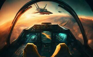 Airplane cockpit view during intergalaxy journey flight or spaceship battle. Neural network generated art photo