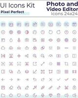 Photo and video editor tools pixel perfect gradient linear ui icons set. Digital program. Line contour user interface symbols. Modern style pictograms. Vector isolated outline illustrations