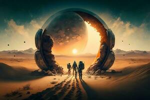 Futuristic scene with astronauts in space exploring a planet. Neural network generated art photo