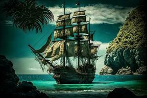 Pirate ship at the open sea close to rocks and small island with palms. Neural network generated art photo