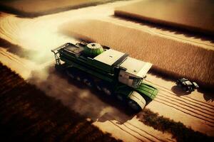 Combine harvester harvests ripe wheat on agriculture field. Neural network generated art photo