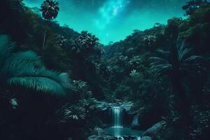 Fantasy beautiful futuristic landscape with a waterfall. Neural network photo