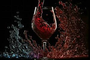 Glass with splash of red wine on black background. Neural network generated art photo