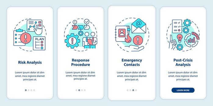 Crisis management plan onboarding mobile app screen. Walkthrough 4 steps editable graphic instructions with linear concepts. UI, UX, GUI template vector
