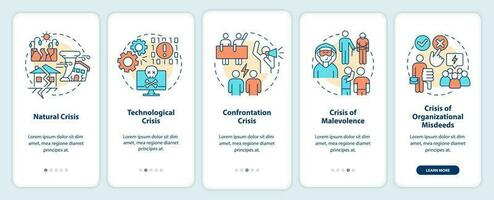 Types of crisis onboarding mobile app screen. Business risks walkthrough 5 steps editable graphic instructions with linear concepts. UI, UX, GUI template vector