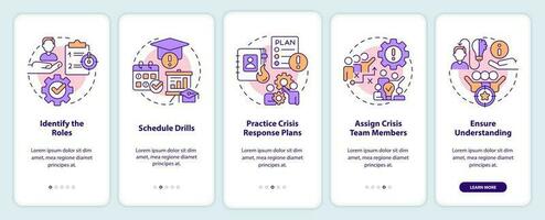 Crisis management team onboarding mobile app screen. Walkthrough 5 steps editable graphic instructions with linear concepts. UI, UX, GUI template vector