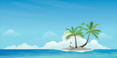 Small tropical island and palm trees with a shipwrecked man flat design. Travel concept vector illustration background with blank space.