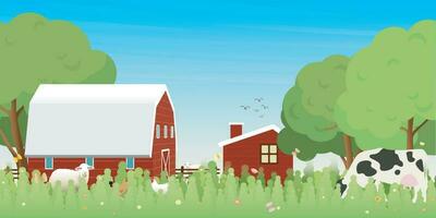 Rural farm landscape in the morning vector illustration with blank space. Livestock flat design for eco or daily products advertisement.